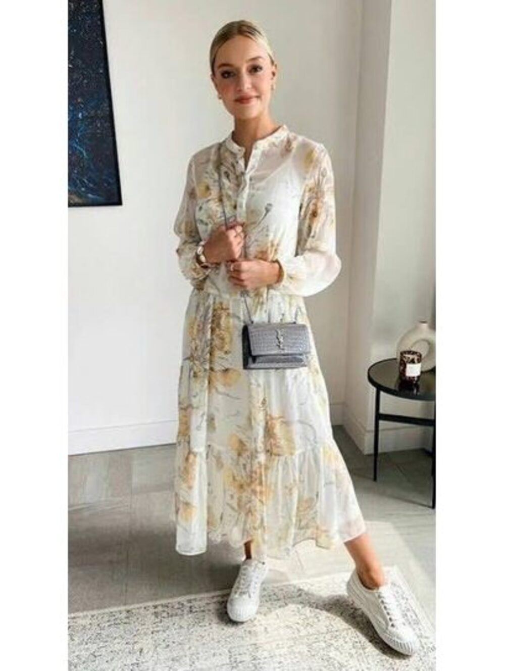 H&M Ivory White Yellow Chiffon Floral Long Sleeve Midi Maxi Dress Size 6